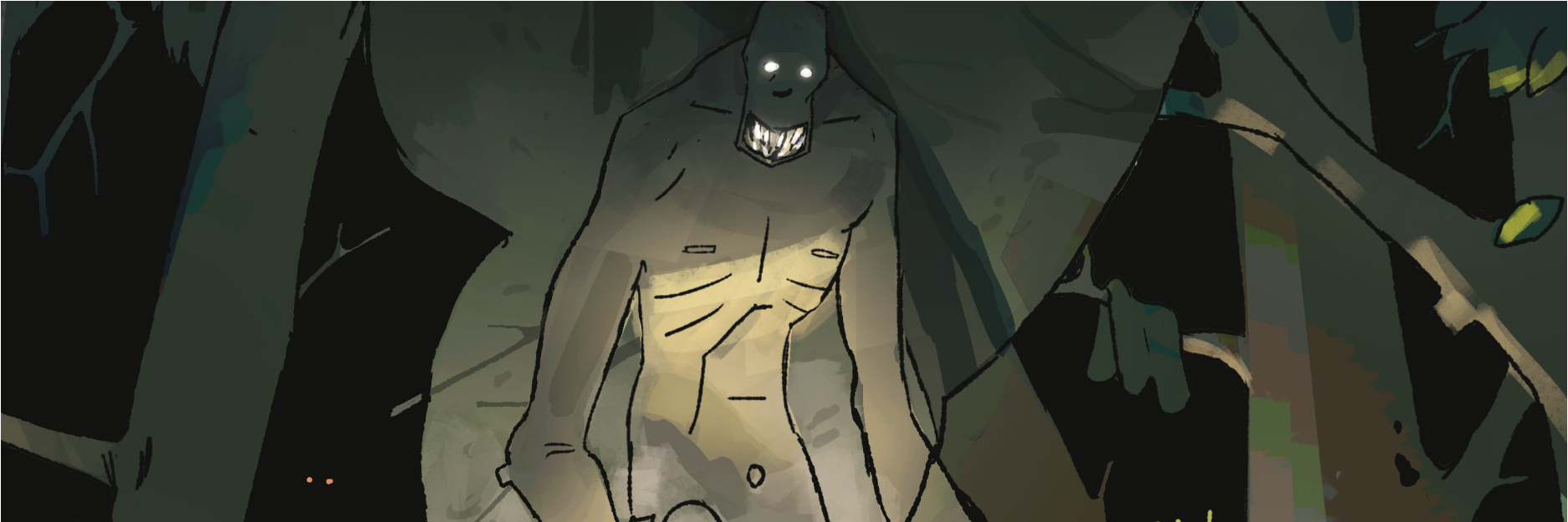 Sleepaway A shadowy specter looms in the forest. It’s eyes glow white as the light from a campfire flickers across its gaunt frame.